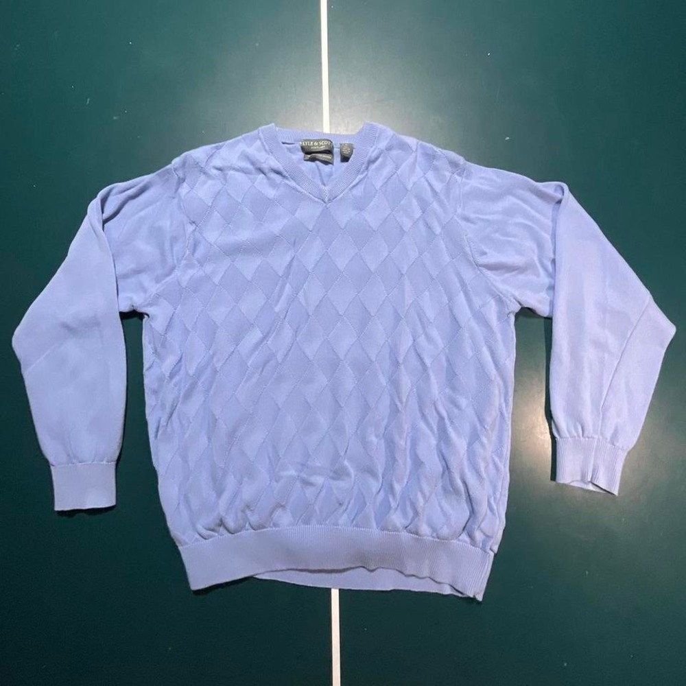 Vintage Lyle & Scott checkered light‎ blue grandpa sweater size large